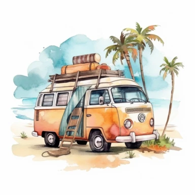 Beautiful and cozy Van on the beach, Hippie's 1970', 9 High Clipart JPGs, cute design in Michael Powell style, Watercolor Art