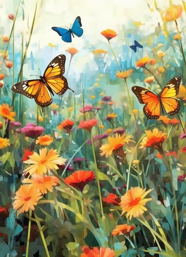 butterflies on a flower field, in the style of 2d game art, nostalgic paintings, 32k uhd, colorful dreamy watercolor scenes, adventure pulp, classical, historical genre scenes, rough-edged 2d animation, watercolor clipart, white background