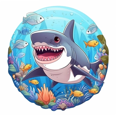 imagine baby Shark for kids, in the sea, walt disney style, 4k, quality, detailed, clipart, clipart, sticker, cute, pastel colors, smile, only black outline, high contrast, cartoon style illustration, illustration for a children's book
