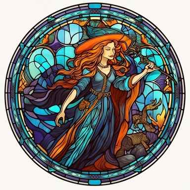 Vintage Colorful Beautiful Stained glass Witch Sublimation Clipart,Cartoon, hyper realistic, intricate detail, illustration style,high solution,on the white background