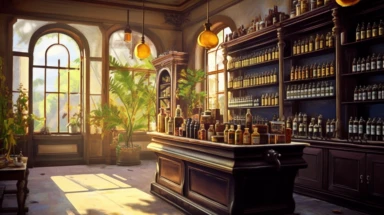 illustration, realistic interior of a vintage mumbai 1896 perfumery and pharmacy with some perfume bottle boxes incense boxes, atmospheric sunset lighting, Clipart, watercolor, realistic, full building, highly detailed, hdr, 32K, photo expert quality, watercolor realistic, hyperrealistic and highly detailed