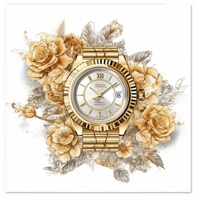 clipart, a gold rolex watch on top of flowers, solid white background, in the style of ethereal illustrations, mende art, kimoicore, romantic emotivity, nouveau réalisme, rich and immersive, soft color, wedding theme, expensive, double tone effect, silver and sterling, wedding theme