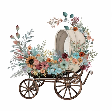 Floral Boho Wagon Buggy,Clipart, colorful, white background