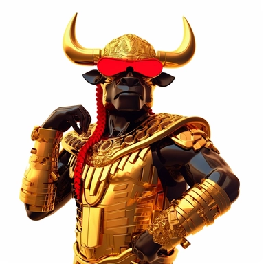 The image protrudes from the bottom edge. realistic picture of A red robot gold bull warrior tatoo on the arm wearing a black shirt with a necklace and sunglasses slung over a firearm. all white background minimal simple clip art