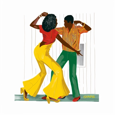 a black couple jazz dancing, dressed in red, green and yellow colors, the sugar shack Ernie Barnes art, juneteeth clipart, faceless, watercolor art, , white background