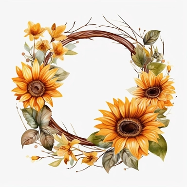 Watercolor Sunflowers Clipart round frame with inside white background, fall sunflower floral bouquets, white background