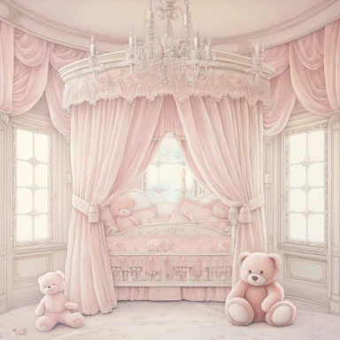 panoramic view, full view, beautiful elegant royal baby girl nursery room drawing painting, frilly, romantic, fantasy, ethereal, light pink and white colors, beautiful crib with beautiful full flowing canopy, beautiful bling crystal chandelier, soft pink teddy bear, beautiful large Victorian style window with beautiful pink flowing drapes, faux fur rug, sharp focus, high detail, 8k, illustration clipart style, transparent background