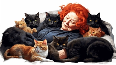 illustration clipart of elder woman ,redhaired,laying in her bed relaxing, black Cats lying next to her, hyperrealistic, white background