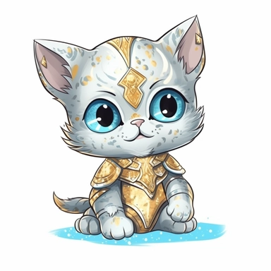 cute smiling gold silver blue baby cat with glitters with big sparkly eyes clipart cartoon style white background and as a knight