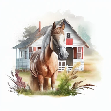 horse stand in the farm house, horse eating grass, watercolor, Western Clipart, Farm Animals, photorealistic. 4k, vector