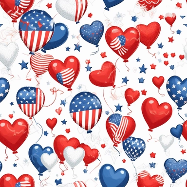 Cartoonish 4th of July celebrations, Cartoon American Flag, hearts, balloons, vector, white background, clipart,Seamless patterns, repeating patterns design, flat illustration, Vector, 4K, Art station, digital print, highly detailed clean, A detailed illustration a field,3D vector art, cute and quirky, fantasy art, watercolor effect, bokeh, Adobe Illustrator, hand-drawn, digital painting, low-poly, soft lighting, bird's-eye view, isometric style, retro aesthetic, focused on the character, 4K res