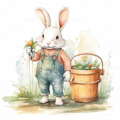 Cute fluffy white rabbit clipart,3 years old,smile expression,wear farmer jumpsuit,holding milk churn,walking pose, side view, in the style of watercolor cartoon clipart, kate greenaway style, high resolution, composition free space, pastel color scheme, soft and tender, watercolour clipart, watercolor illlustration for kids and children,isolated white background, clipart most popular on etsy, book illustration, featured on dribble,print on demand image, PNG tranparent background,detailed painti