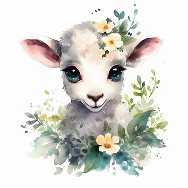 a moving babyram with cute big eyes, happy smiling face, cute animal, adorable, playful atitude, astrology, adorable watercolor animal clipart with a few plant and flowers decor, no background, high quality very sharp with clear focus