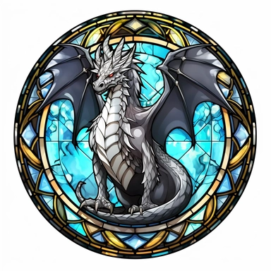 a stained glass glowing metal dragon with white lights on his eyes, four legs, full body dragon, master of metals, metallic silver and metallic black, manhwa character design, in the style of artgerm, 2d game art, quadratura, clipart, on white blackground, circular shape,