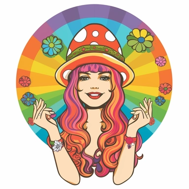 Clipart white background: Embrace the groovy aesthetic of the 70s and paint a clipart featuring a mushroom with bell-bottoms and a peace symbol necklace, against a backdrop of rainbow hues