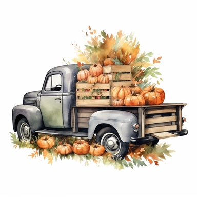Farmhouse Fall Decor Watercolor Clipart. Cozy Autumn Illustrations. Harvest Truck with Pumpkin. Fall Leaves, Rustic Wooden Home Decor.