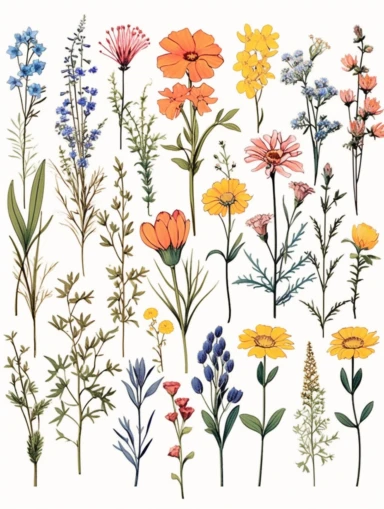 Wildflowers, Flower Meadow , Flower Border, Minimalist Flower Bouquet, Wildflower Clipart hand drawn sketch with colors of wildflower meadow drawings boho minimalist style