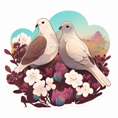 two beautiful doves in love, in a field of flowers, clear sky, clipart, white background, sticker