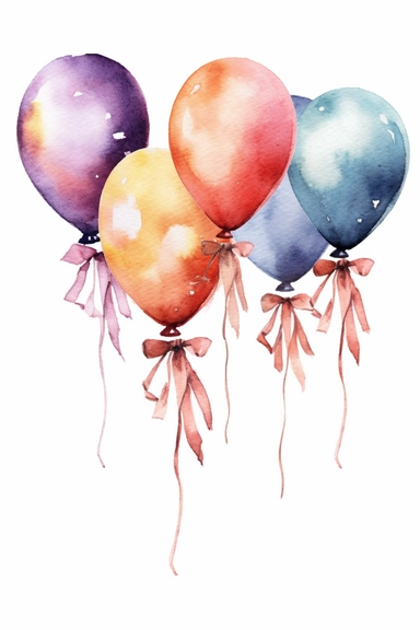 6 different watercolor balloon bundles tied with ribbons, clipart, hd, isolated, spaced out, on white background,