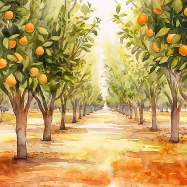 Citrus Grove: Create a watercolor clipart of an expansive orange grove, capturing the rows of trees and the play of light and shadow. Incorporate warm earthy tones and a sense of depth to bring the scene to life.