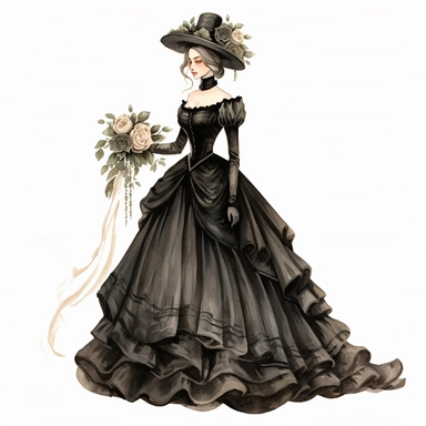 create a lady in a elegant victorian black Wedding dress clipart,black color, victorian wedding themed, no shadow,8k, f1, watercolor illustration by katie daisy style, single design, PNG transparent background, white background for removing background - - no text shadow font watermark