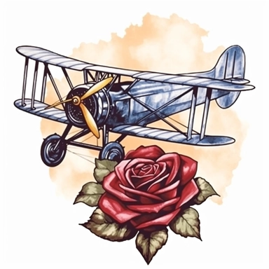 watercolor an illustration of an old biplane red roses, in the style of classic tattoo motifs, 32k uhd, canon ae-1, aquarellist, historical imagery, dansaekhwa, quadratura Clipart desert cartoon t-shirt graphic, vector,contour, isolated on a white background