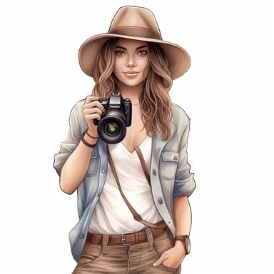 Cute adventurest female photographer with a camera, Cute and summer outfit, Watercolor style, clipart solid white background