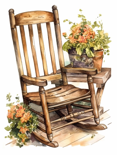 watercolor, vintage, country, wood rocking chair with beautifully carved arm rests and flower pots next to it, on white background, clip art