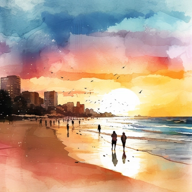 watercolour, clipart, manly beach, sunset