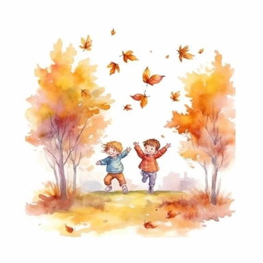 watercolor style, realistic autumn scenery, kids throwing leaves under the autumn tree, kids close up, clipart, isolated on white background, 4K