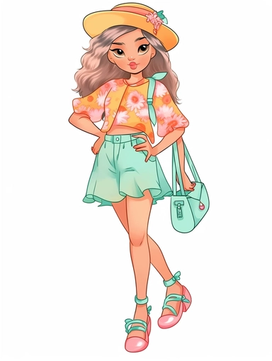 cute summer girl full body drawing, illustration clipart, detailed, black outline, digital art, watercolor,,