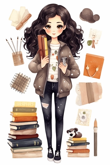 clipart set Cute illustration fashion girl with dark hair back to school watercolor clipart, full body, Cute kawaii sticker