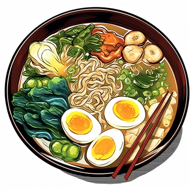Picture an enticing ramen clipart featuring a brimming bowl of the beloved Japanese noodle soup. The intricate artwork shows the different textures and colors in the dish, from the silky noodles to the lustrous slices of roast pork, the soft yellow of the halved ramen egg, and the vibrant greens of the scallions. The image is presented against a stark white background, allowing the ramen to steal the spotlight.