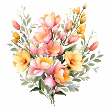 Pastel color pink. Yellow. Freesia flowers are decorated with eucalyptus leaves. Flowers and leaves of various shapes were intertwined. Clip art