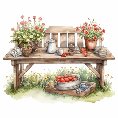 watercolor, hyper realistic, white background, white margins, 16k, ultra detailed clipart, cut out image, hand-drawn, whimsical, sticker style a cozy garden space with a wooden bench, a coffee table, and a rug on the grass. A pot of tea and a bowl of strawberries sit on the table, and a vase of flowers decorates the bench. The color theme is warm oranges and browns, with green foliage and pink flowers.