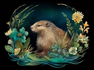 deep emerald gold watercolor Muskrat with flowers plants clipart, golden metallic lines and some glitter, shining colors, dark background, 8k, high resolution