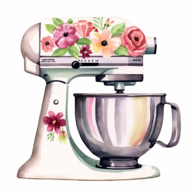 watercolor clipart, A vintage style drawing of a Stand Mixer kitchen aid style, flower, high resolution, white background, Sublimation graphics, by Katie Daisy , Watercolor clipart, single design, single object,print on demand image, PNG transparent background, white background for removing background - - no text shadow font watermark, 8k