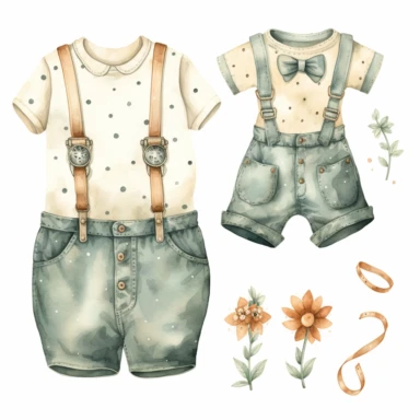 clipart, vintage, watercolor, clothing outfit for newborn baby boy and girl, hand drawn