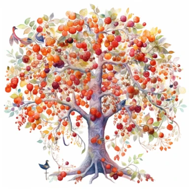 watercolor, hyper realistic, white background with margins, 8k, ultra detailed clipart, A whimsical mulberry tree, with leaves shaped like tiny, magical keys, bright reds and oranges to white