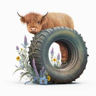 Detailed watercolor Baby highland cow tractor tyre with flowers, realistic, isolated on a white background, clipart