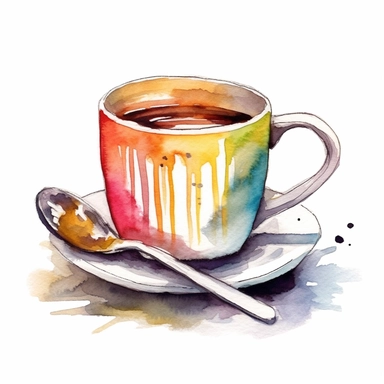 a cup of coffee in a white coffee mug in the style of watercolour clipart with detailed brush strokes