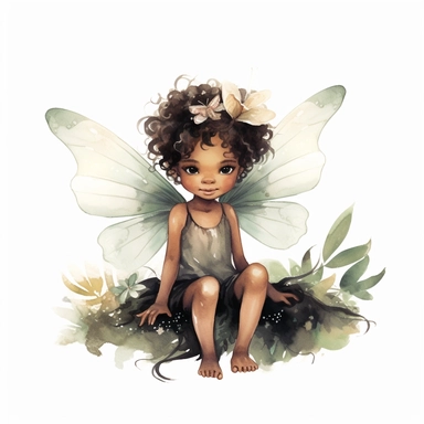 ultra beautiful cute baby girl black skin fairy elf, pixie with beautiful buttefly style wings in a sitting position holding a flower in the woods clipart, water color illustration, mary cecily baker style ,white background