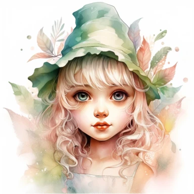 clipart, white background, elf art for android, pastel colors, in the style of whimsical portraits, highly detailed foliage, child-like innocence, cute hat, vibrant realism, tinycore, shiny eyes, soft and dreamy tones