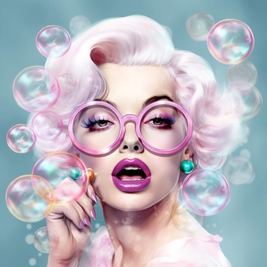 smiling angelic Marilyn Monroe blowing a pink bubblegum bubble and wearing pink glasses with big glass baby blue eyes clipart, white background, looking adorable and cute with shinny eyes and a teddy bear beside him with a human face, pastel colors and pastel light pinks and pastel purples and reds flowers and roses with majestic colors and majestic close up fantasy ethreal magical eternal clear water, Confident white tiger, nature, greens, river, turquoise, blues, pastel colours, light pink, sh