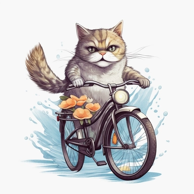Draw a clipart graphic of a cat riding a bicycle with a giant fish in the basket on the front of the bike. Low detail. White background, soft lighting. In the style of Bob Ross