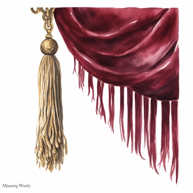 velvet burgubdy curtain tied with a golden cord with a tassel, watercolor by mary whyte, romantism, clear line, white solid background, clipart, medieval