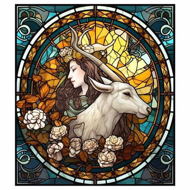 Stained Glass Capricorn And Queen Sublimation Clipart,Cartoon,hyper realistic, intricate detail, illustration style,high solution,on the white background,