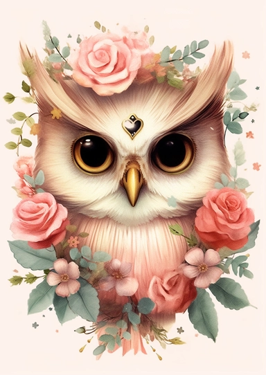 Cute Owl with gold rose clipart, in the style of pink and aquamarine, feminine portraiture, sparklecore, chinese painting, floral explosions, flickr, whimsical cartoon-style