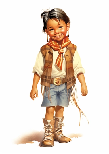 a fashionable adorable little Native American Indian boy from the 1950s, ready for school, smiling, vintage retro 1950s artwork, high definition, clipart, white background