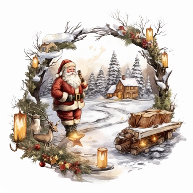vintage design, advent wreath around, christmas theme oil paining santa claus with a big sack filled with gifts Clipart Collection in beautiful winter landscape, advent wreath around, christmas theme, detailed, isolated, white background, one pattern